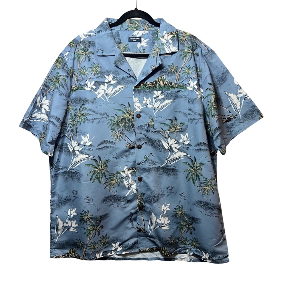 Tropical Storm Hawaiian Shirt Blue Palm Trees Button Up Shirt‎ Size XXL